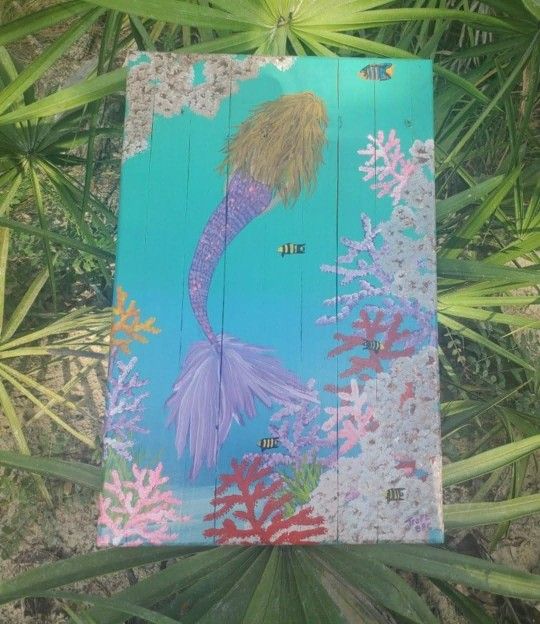 Handpainted Wood Tropical Coastal Mermaid Wall Decor Art Painting