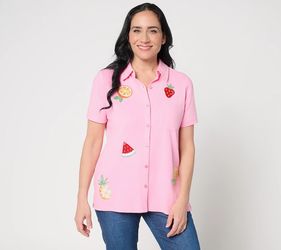 Quacker Factory Cutie Fruity Embroidered Short Sleeve Camp Shirt Pink, Large