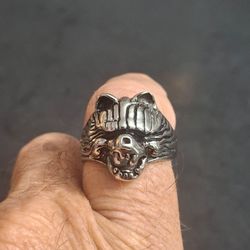 Stainless Steel Roaring Wolf Head Biker Ring Featuring Textured Fur Detailing & Bared Sharp Teeth Size 11 Mint Condition