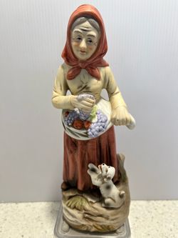 Porcelain Woman Figurine with Fruit and Dog