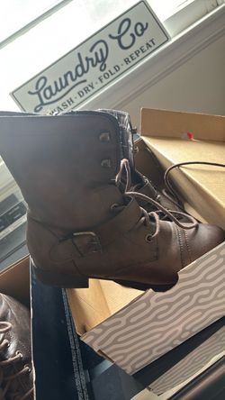 Brown Lace-Up Combat Boots with Buckle