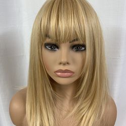 16 Inch Brassy Blonde Synthetic Wig With Bangs