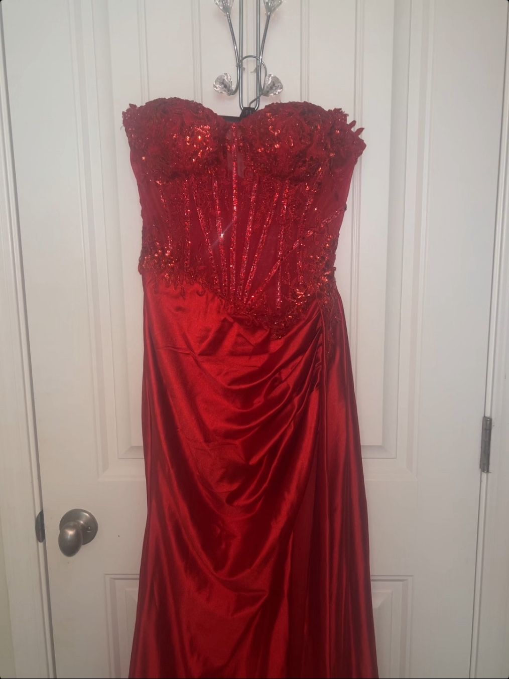Elegant Strapless Red Sequin Gown with Draped Satin Skirt