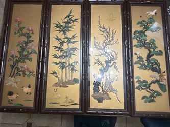 Set of 4 Asian Stone Inlay Wall Art Panels
