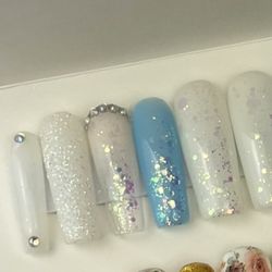 Long square press on nails rhinestones and glitter