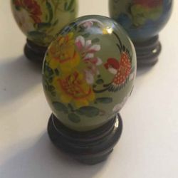 Set of 5 Vintage Chinese Reverse Painted Glass Eggs with Wooden Stands – Handcrafted