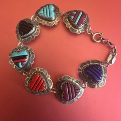 Vintage QT Sterling Silver Multiple gemstones heart ❤️ bracelet, every piece marked QT Sterling , 7.25 in. U can add links to make larger