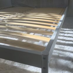 Queen Bed Frame with Upholstered Headboard & Wood Slats