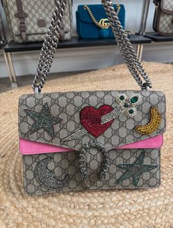 GG Supreme Monogram Suede Pierced Heart Embroidered Medium Dionysus Shoulder Bag