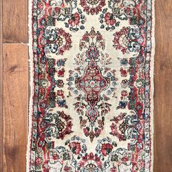 Antique Persian Kerman Rug Ivory Red Blue Green Hand Knotted 2 ft x 3 ft