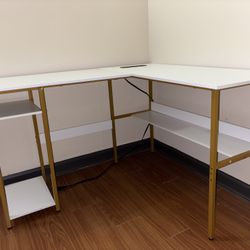 L SHAPED Gold & marble Desk W/ Charging Ports 