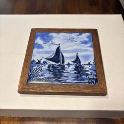 Delft Style Tile, Mounted Blue and White Sailboat and Windmills Tile, Hand Paint