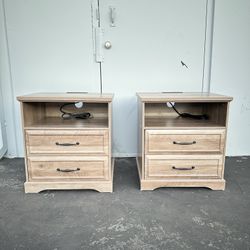 2pc Farmhouse Nightstands, With 2 Drawers & Charging Port Stations 
