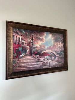 Framed European Riverside Cafe Wall Art