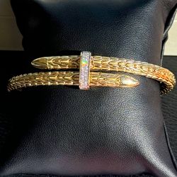 John Hardy Spear 14K Yellow Gold & 0.24CTW Diamond Pavé Flex Cuff Bracelet XL 5.5mm MSRP $8900