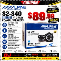 Alpine Car Speakers 140 Watts 4" 4x6" Adapters 1-Set 2-Way Coaxial Speaker S2-S40 🚨 Payment Options Available 🚨 No Credit Needed 🚨