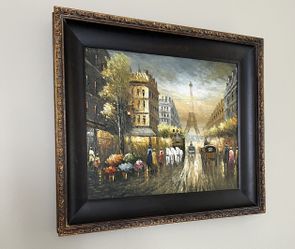 Oil Panting Picture Paris Street Scene At Night Eiffel Tower