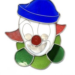 Vintage Red, Yellow & Green Jester Clown Stained Glass Suncatcher