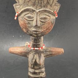 Vintage Hand Carved Wood 13” African Fertility Statue With Red And White Seed Beads