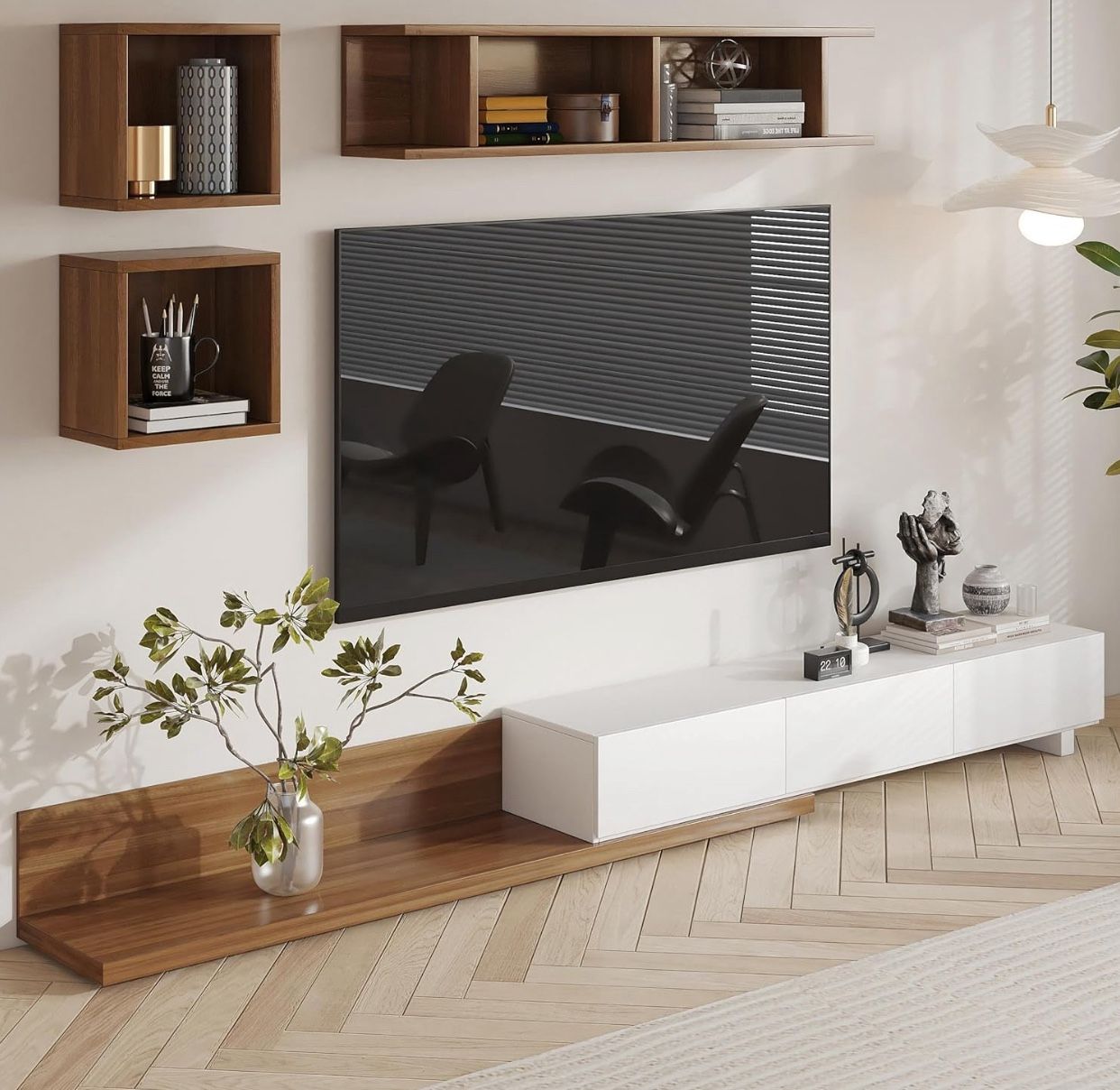 Wood Extendable TV Stand Rectangle Entertainment Center with Shelves & Drawers White & Walnut Media Console for Living Room Bedroom $350