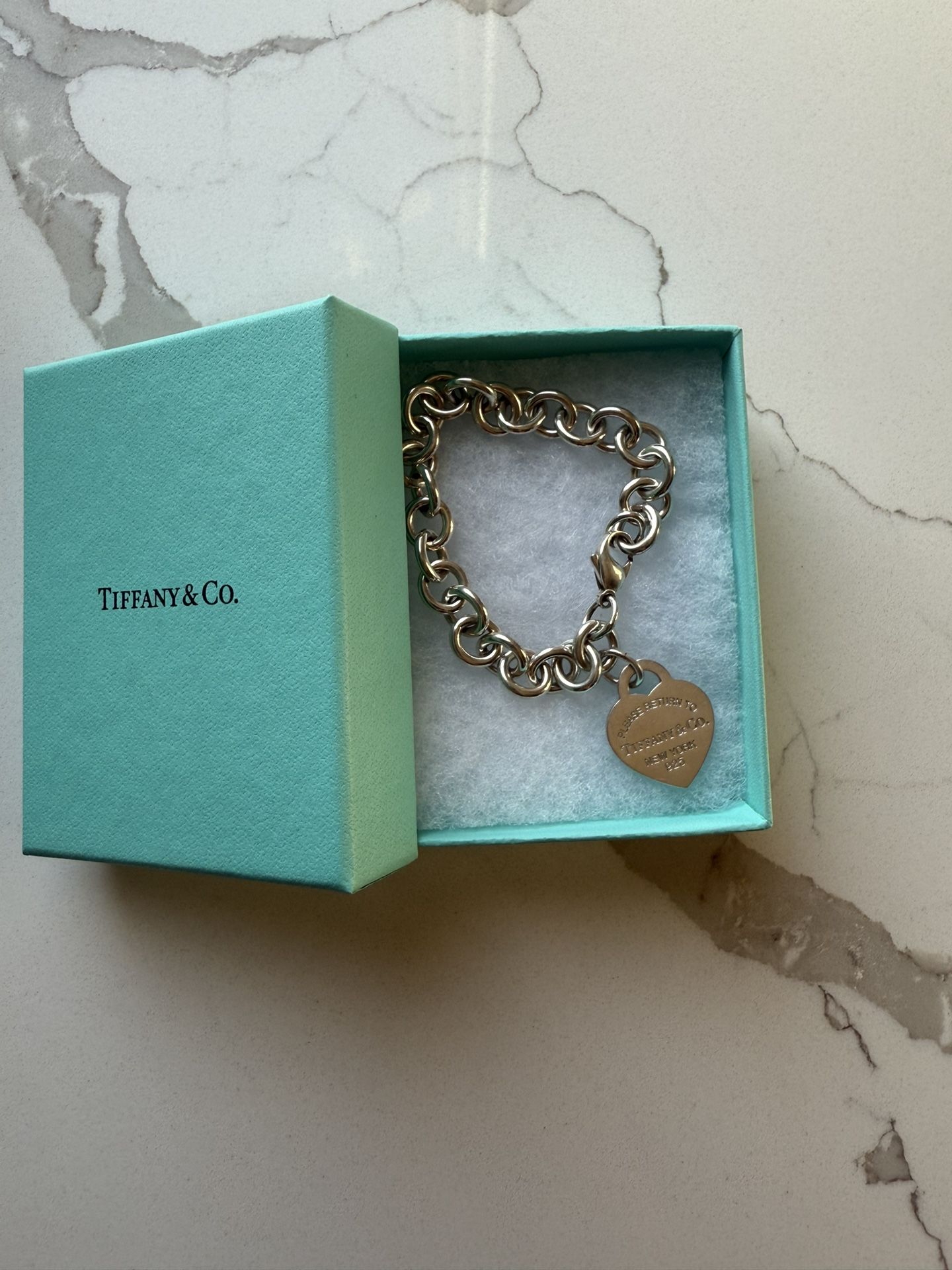 Tiffany & Co Blue Enamel Heart Bracelet Silver Bangle Charm Clasp Gift Pouch