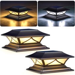 Solar Post Cap Lights 2 Pack, Solar Post Lights Outdoor Waterproof with 2 Color Modes, IP44 Deck Solar Powered for 4x4, 5x5, 6x6 Vinyl/Wooden Posts, D