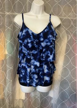 Aqua Green tie-dye pattern & tiered ruffle layer Tankini Top Woman size Large