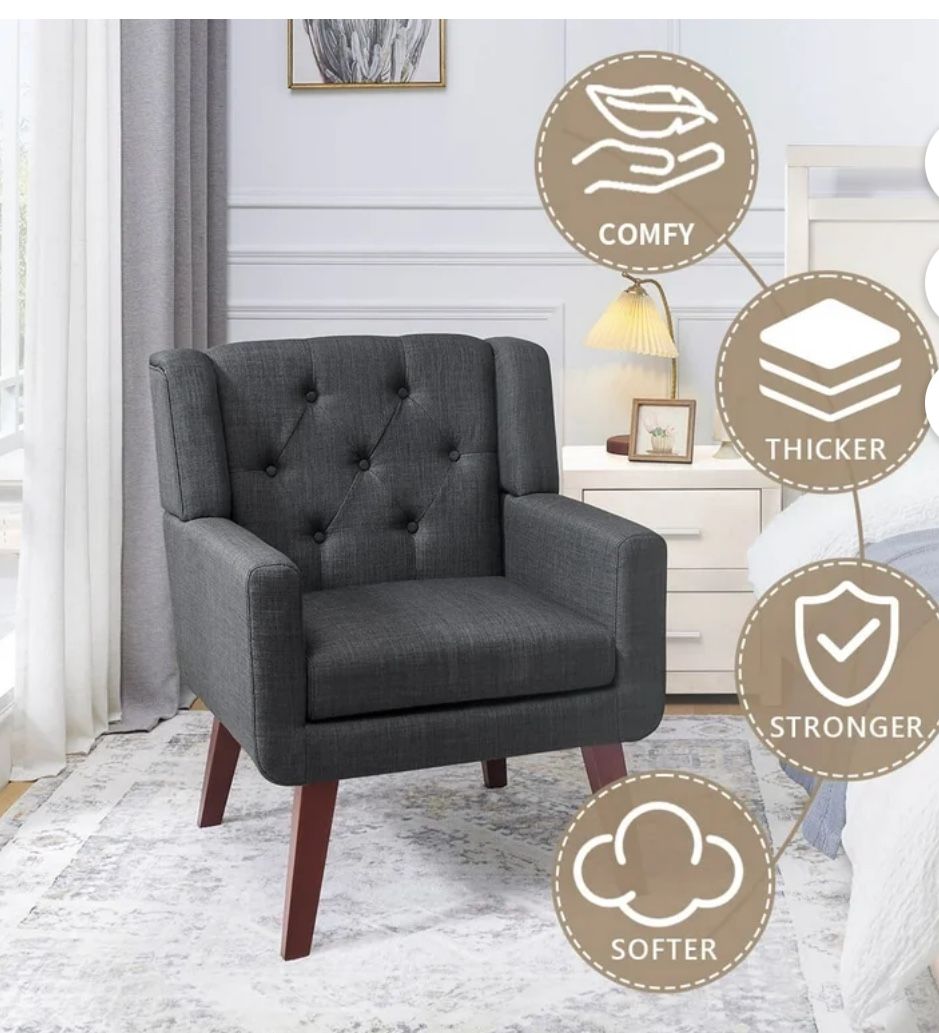 😀 Accent Chair, Comfy Upholstered Mid Century Modern Armchair, Button-Tufted with Linen Fabric