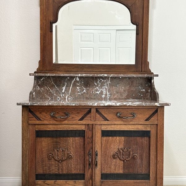 Antique Carved Oak Sideboard with Detachable Mirror and Marble Top