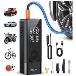 JUSUOX Tire Inflator Portable Air Compressor, Battery & 12V DC Dual Power Air Pump for Car Tires