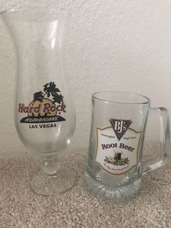Hard Rock Las Vegas hurricane glass cup and BJ’s Brewhouse root beer mug
