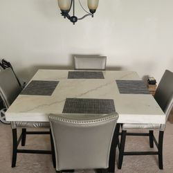 Artemis Counter Marble Dining Table and 4 Silver Leather  Stools