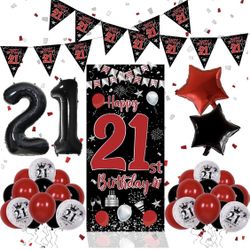 21th Birthday Decorations For Him Her, Red Black Happy 21st Birthday Decorations For Men Women, Boys 21st Bday Door Banner, Triangle Flag, Large 21 Ba