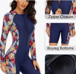 Halcurt Women's Navy Floral Long Sleeve Swimsuit # A2 Boyleg One Piece Rash Guard Swimsuit UPF Zip Size Sma