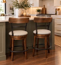 Set of 2 Rustic Wood Swivel Counter Stools