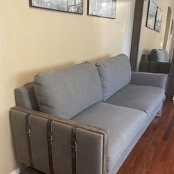 A.R.T. Furniture Gray Linen Sofa sw/ Wood Trim & Straps - 