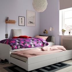 IKEA SLÄKT Twin Bed frame w/pull-out Trundle bed + storage, white,