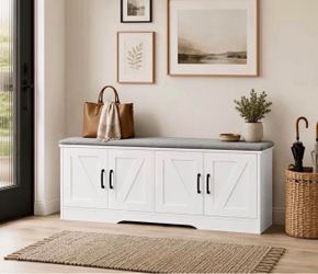 43-Inch Large-Capacity Shoe-Changing Bench, Storage Ottoman, And Long Bench with Four Barn Doors, Designed for Heavy-Duty Storage. Suitable for Entryw