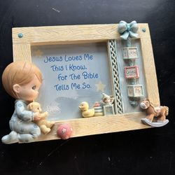 Precious Moments Baby Boy Praying with Bear Photo Frame.  Titled "Jesus Loves Me".  