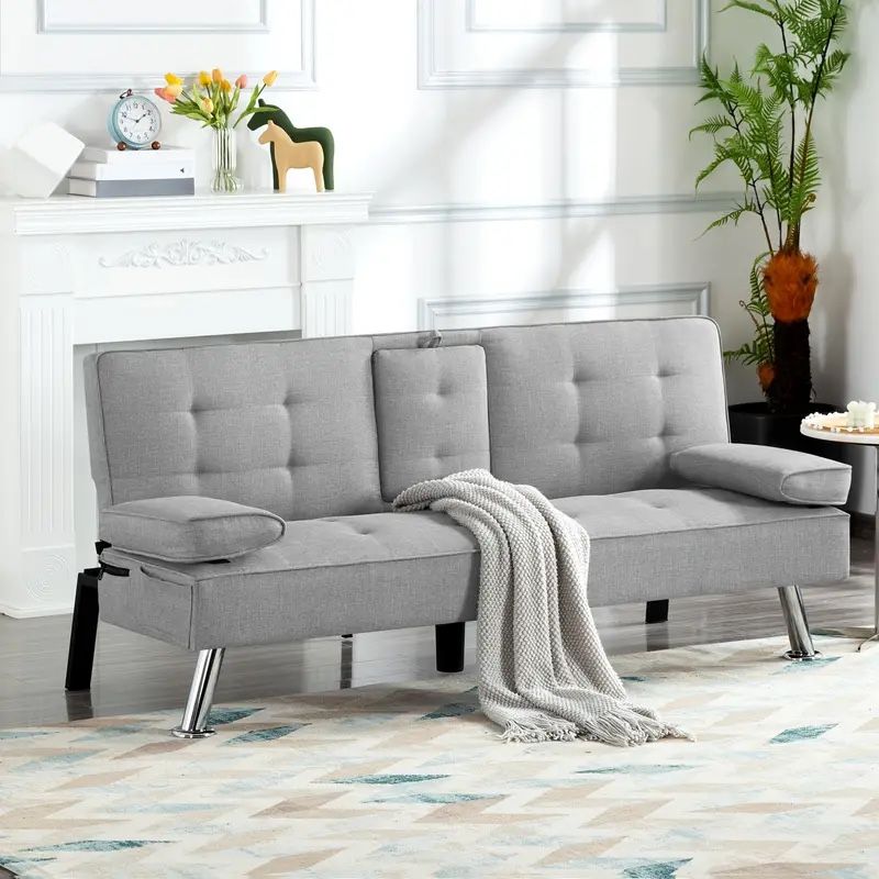 Modern Style Futon / Sleeper Sofa - Light Grey