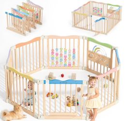Brand new Foldable Wooden Baby Playpen 55" x 55" with Safety Gate & Adjustable Panels
