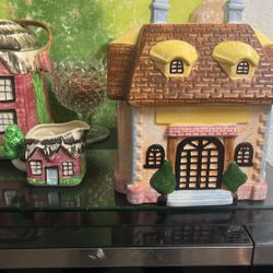 Vintage 4 Piece Country House Cookie Jar, Tea Pot, Creamer & Sugar Jar- Ceramic