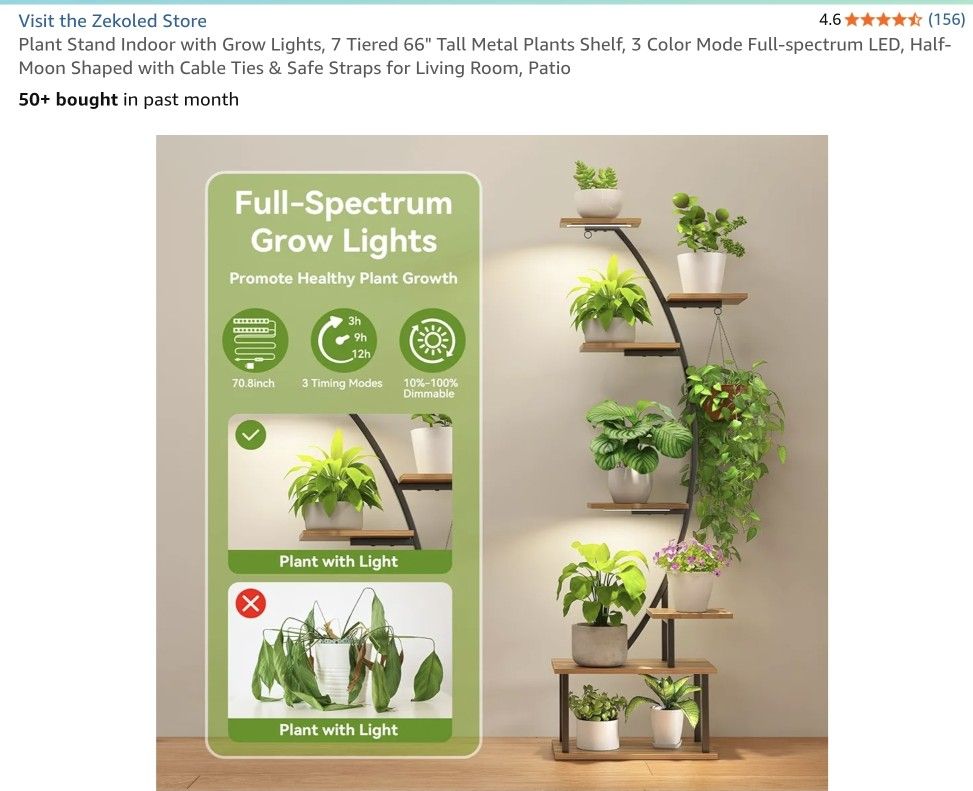 Plant Stand Indoor with Grow Lights, 7 Tiered 66" Tall Metal Plants Shelf, 3 Color Mode Full-spectrum LED, Half-Moon Shaped with Cable Ties & Safe Str