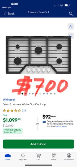 Whirlpool 36-in 5 burners White Gas Cooktop