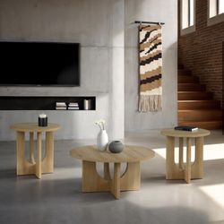 Oak 3pc Coffee Table Living Room Set - Natural Oak Coffee Table / End Table Set 3pc 