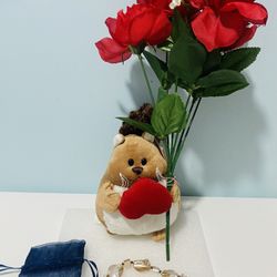 $15 Valentines Gift! Adorable Chipmunk with Heart, Rose Bouquet and Coral Bracelet!