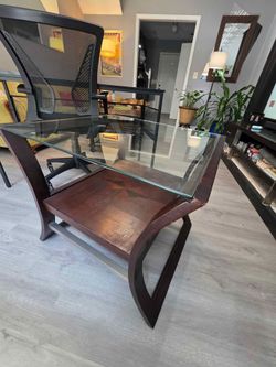 Glass Top End Table with Wood Inlay Base