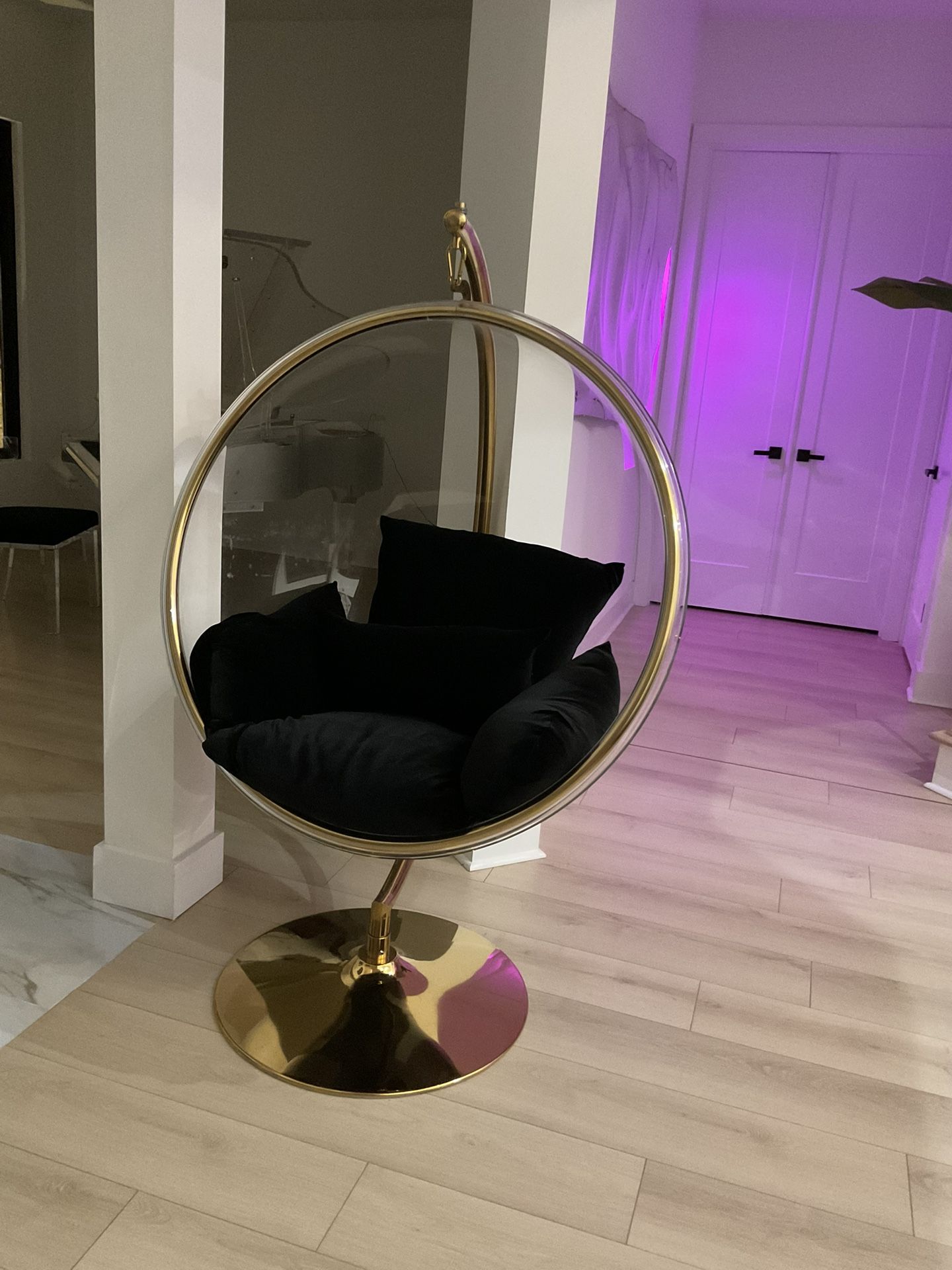 Modern Gold Acrylic Bubble Chair with Black Cushions
