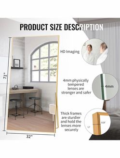 71" x 32" Full Length Mirror with Stand, Gold Large Floor Mirror