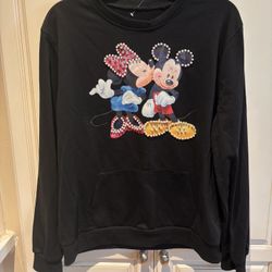 Minnie kissing Mickey Black Sweatshirt pullover embellishments rhinestone pearl Girl Size XL